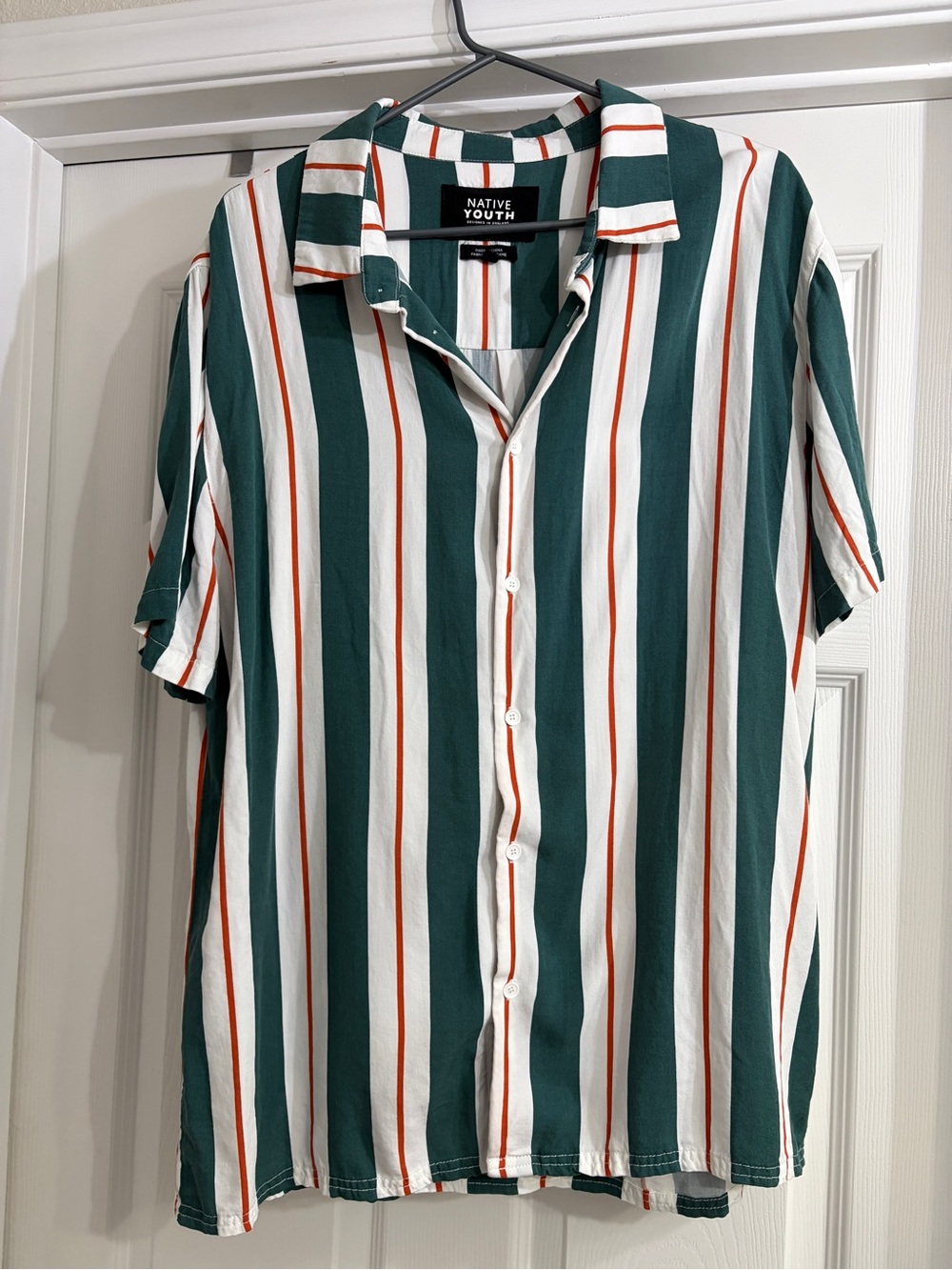 NATIVE YOUTH Green, White & Rust Vertical Stripe Short-Sleeve Shirt